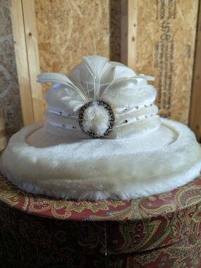 Ivory Feather Trim Women's Dress Hat with Jeweled Brooch